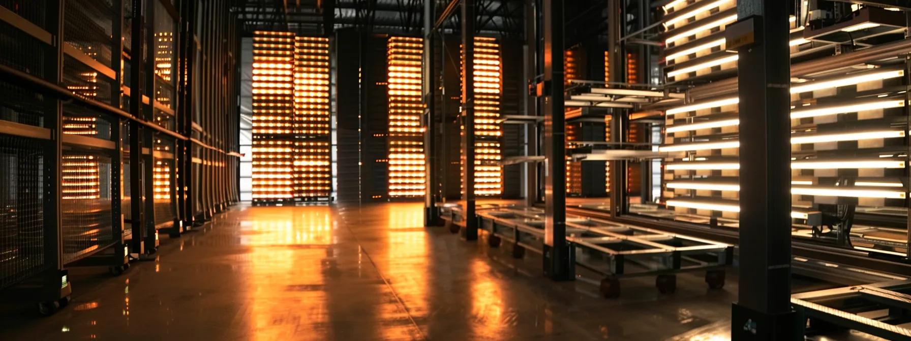 a modern warehouse interior showcases rows of custom-designed pallets, meticulously organized and integrated with advanced automation systems, highlighting the streamlined efficiency of optimized storage solutions. a modern warehouse interior showcases rows of custom-designed pallets, meticulously organized and integrated with advanced automation systems, highlighting the streamlined efficiency of optimized storage solutions.