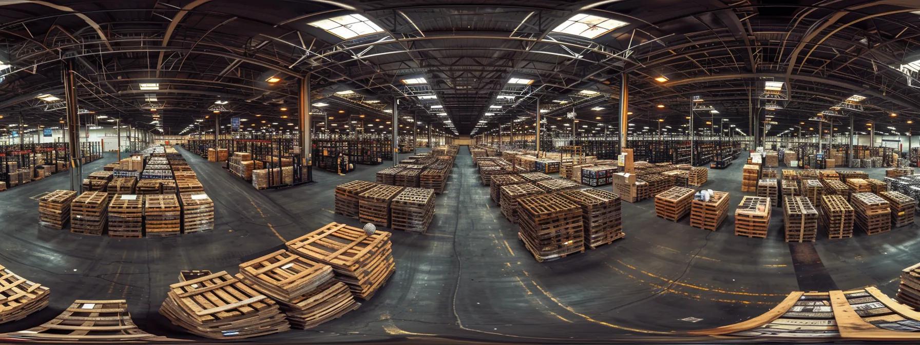 a meticulously organized warehouse interior features neatly stacked pallets, showcasing optimal utilization of vertical space and clear pathways, emphasizing efficiency and safety in inventory management.