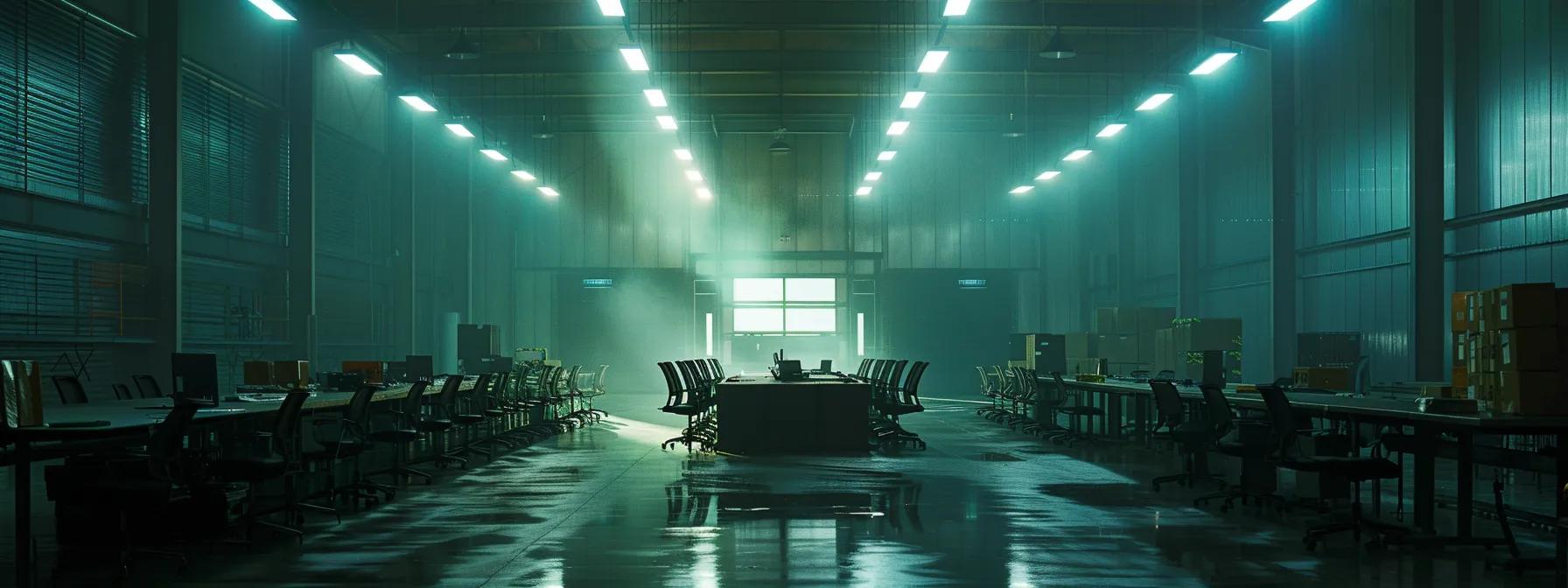 a modern warehouse filled with organized pallet racking systems, illuminated by bright overhead leds, showcases a strategic team meeting around a sleek conference table, highlighting the vital importance of continuous improvement in optimizing warehouse operations.