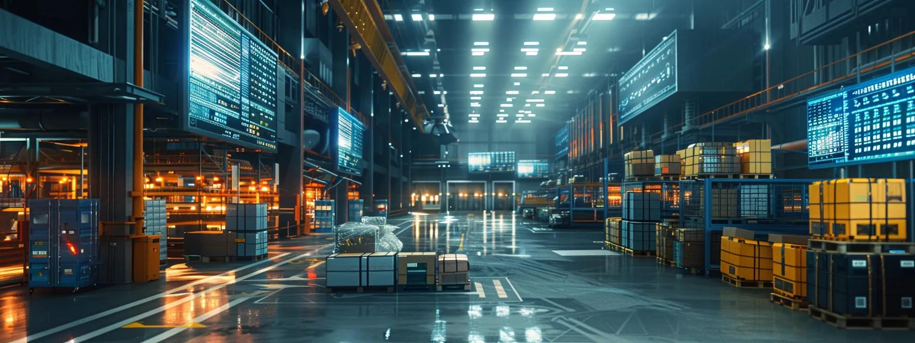 a sleek, high-tech warehouse filled with automated pallet management systems, showcasing digital screens displaying real-time inventory data and efficient robotic machines organizing pallets with precision under bright, artificial lighting.