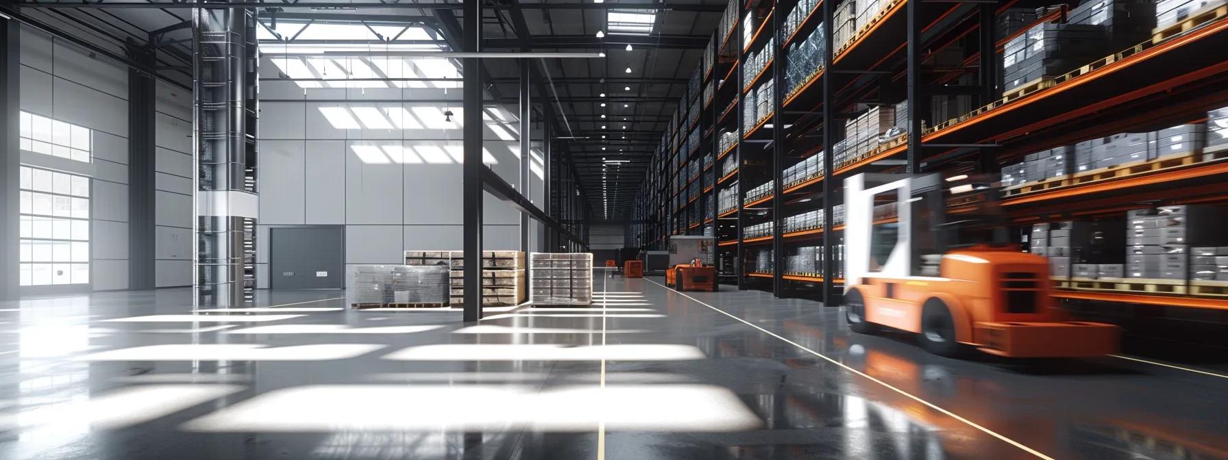 a sleek, modern warehouse interior showcases an organized pallet racking system, with stacks of efficiently arranged goods and an automated forklift in motion, emphasizing the theme of enhanced efficiency and cost savings in logistics.