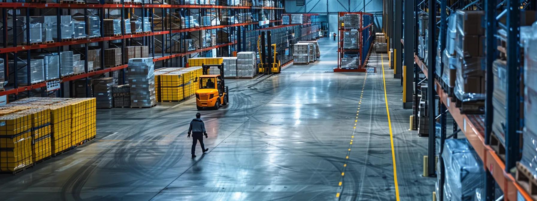 a dynamic warehouse scene captures a logistics manager inspecting custom pallets, with rows of neatly stacked goods and forklifts in motion, emphasizing the efficiency and reliability of the supply chain between tampa and orlando.