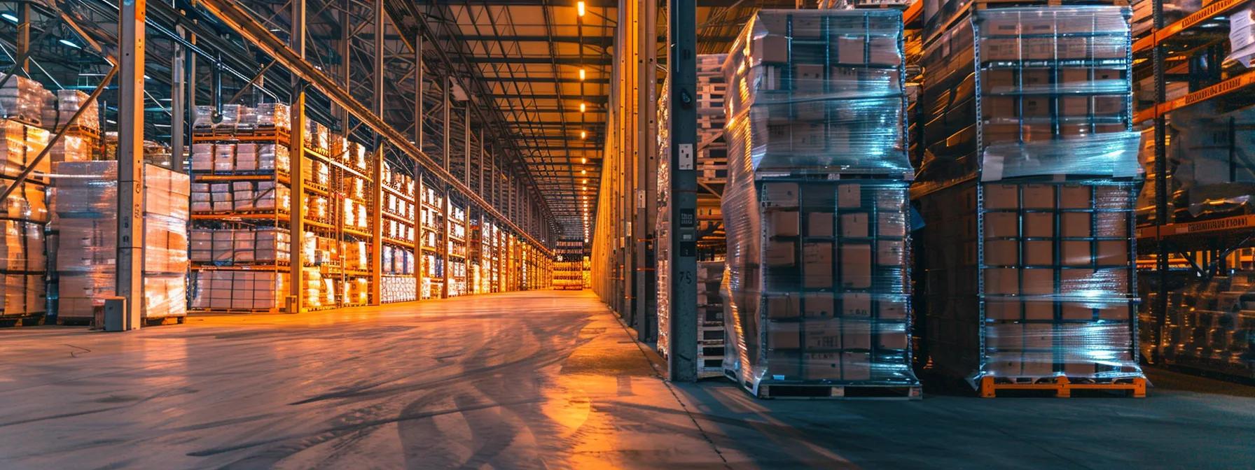 a modern, bustling warehouse in the tampa bay area, with meticulously organized pallets stacked high, conveying a sense of efficiency and optimization in supply chain management.