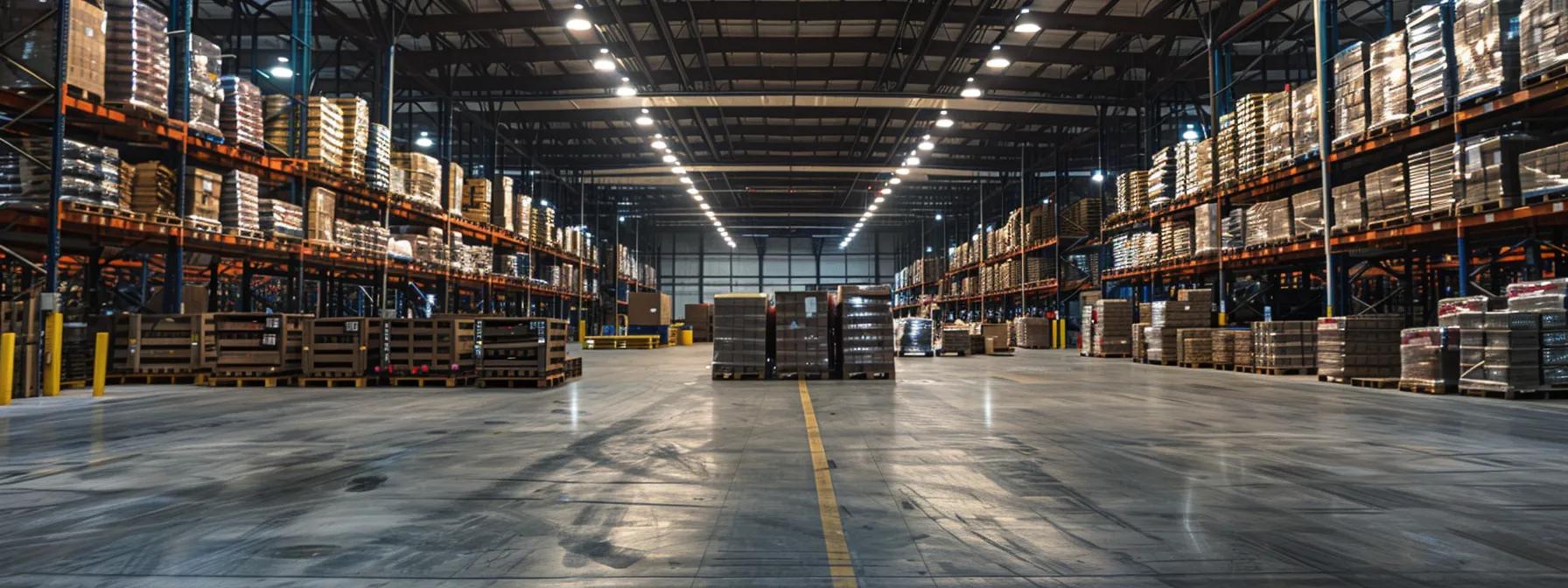 a bustling warehouse interior filled with neatly stacked pallets, highlighted by overhead industrial lighting, showcasing the efficiency and organization that makes w w pallets the preferred choice for logistics operations near lakeland’s major distribution hubs.