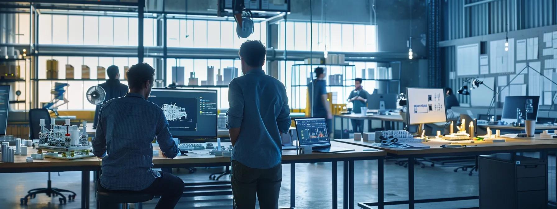 a modern manufacturing office showcases engineers collaborating over digital cad software, surrounded by detailed 3d prototypes of custom pallets, emphasizing precision design and innovative engineering. a modern manufacturing office showcases engineers collaborating over digital cad software, surrounded by detailed 3d prototypes of custom pallets, emphasizing precision design and innovative engineering.
