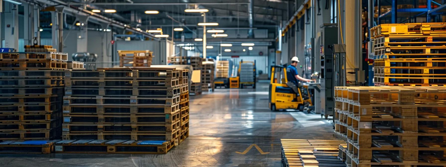 a vibrant, modern manufacturing facility in lakeland, fl, showcasing skilled artisans inspecting custom wooden pallets against a backdrop of industrial machinery and organized materials, emphasizing local craftsmanship and quality. a vibrant, modern manufacturing facility in lakeland, fl, showcasing skilled artisans inspecting custom wooden pallets against a backdrop of industrial machinery and organized materials, emphasizing local craftsmanship and quality.