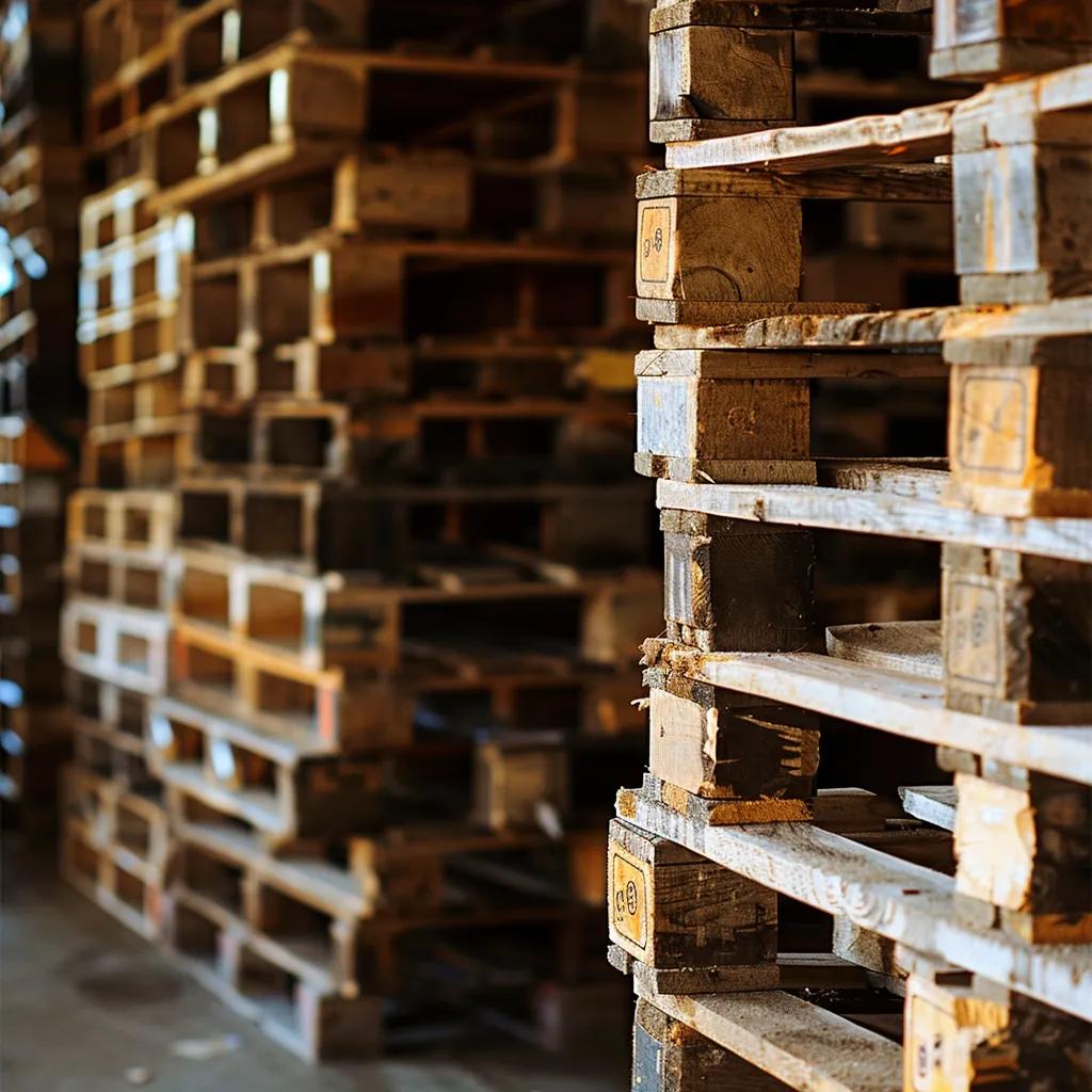 Wooden pallets stacked in a warehouse, highlighting durability and quality for logistics solutions