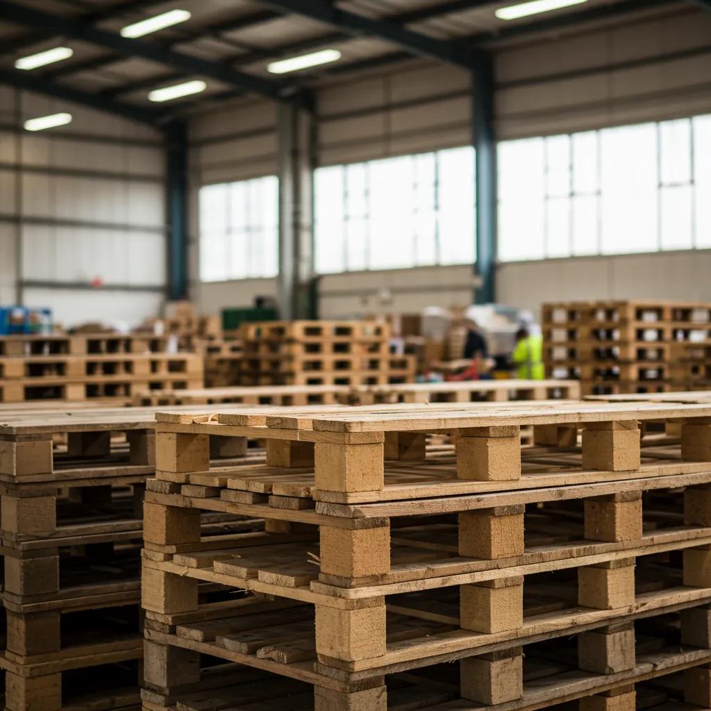 Recycled wooden pallets in a warehouse, highlighting sustainable shipping solutions