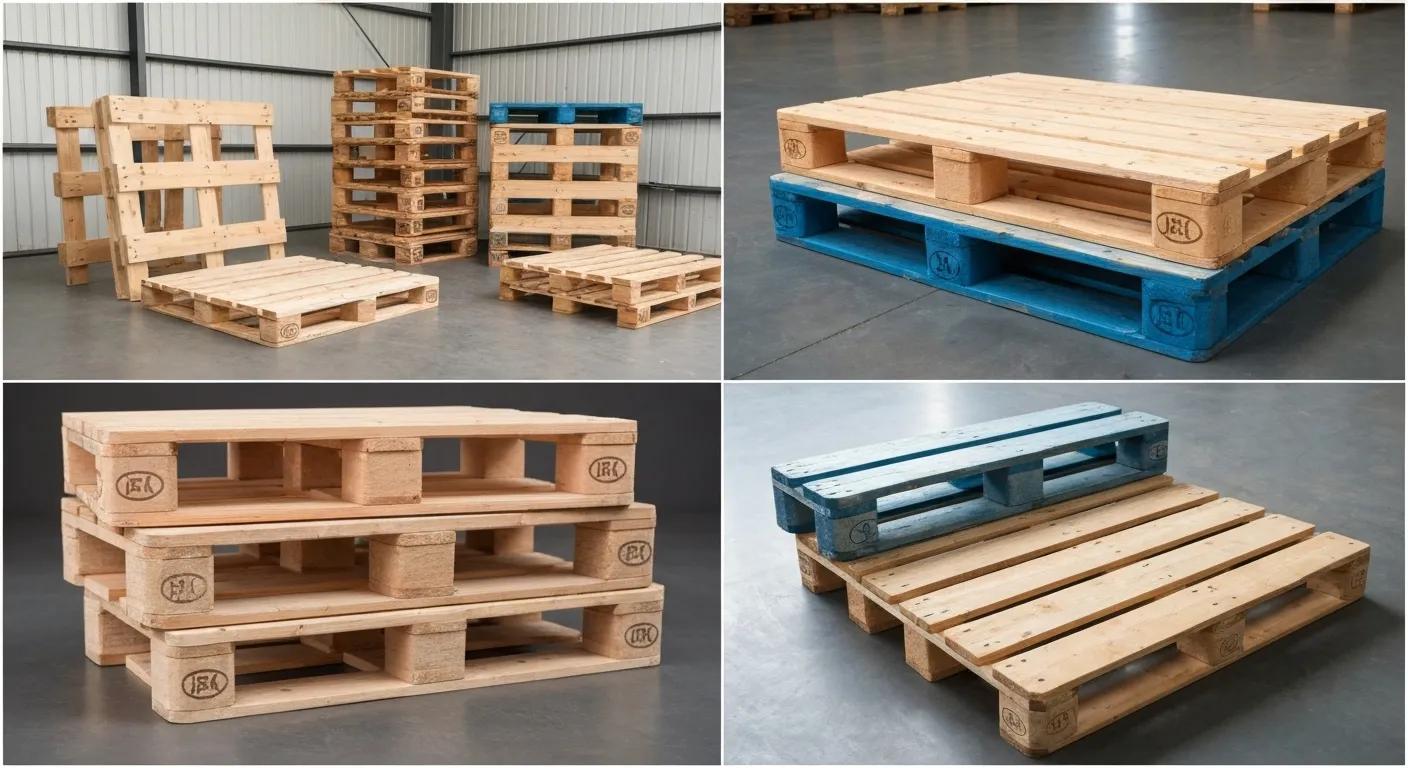 Diverse custom pallets in a warehouse, showcasing various materials and designs