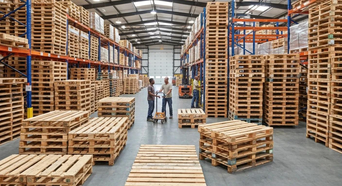 Diverse pallets in a well-organized warehouse, emphasizing pallet supply and logistics