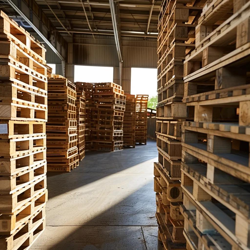 Wooden pallets in a warehouse, emphasizing heat-treated options for reliable supply