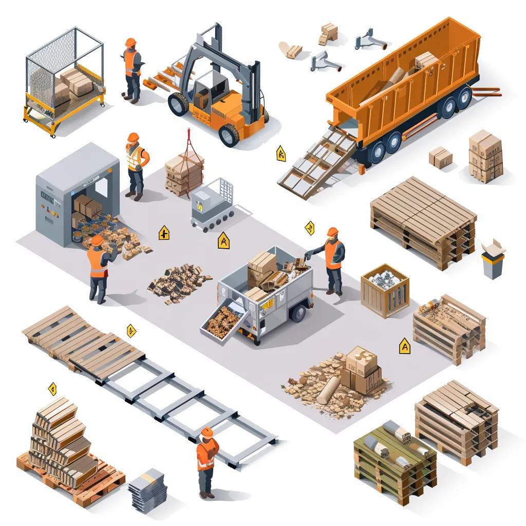 Visual representation of the pallet recycling process, showcasing collection, sorting, and refurbishment stages