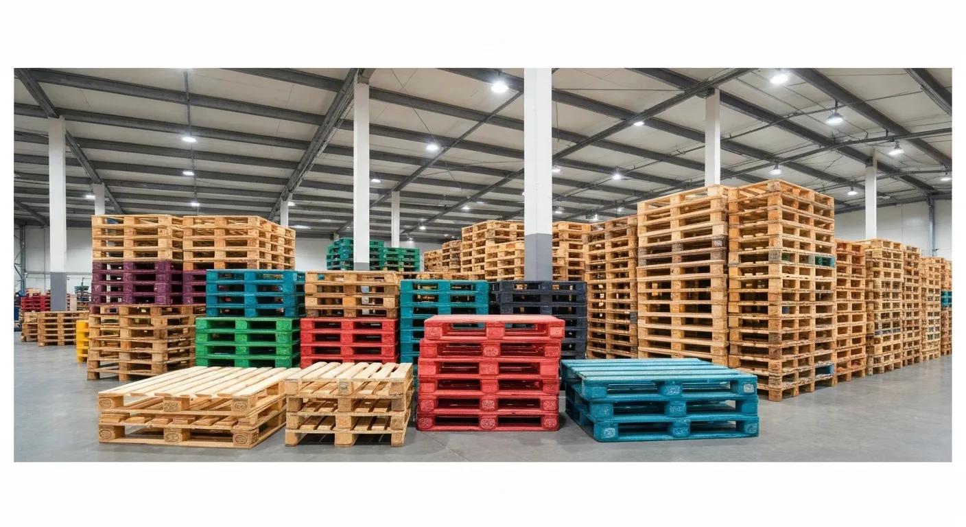 Diverse pallets in a warehouse representing reliable pallet solutions for businesses
