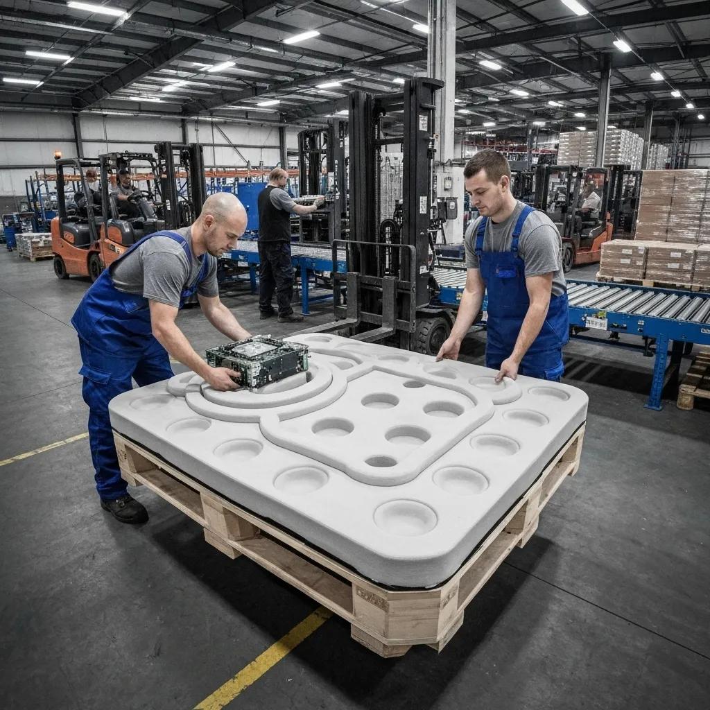 Custom-designed pallet in use within a warehouse, showcasing tailored solutions for unique material handling needs