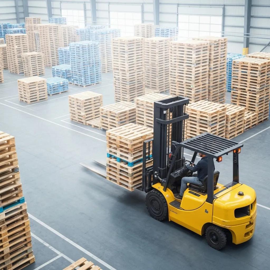 Warehouse with organized pallets and a forklift, illustrating reliable pallet solutions for efficient operations