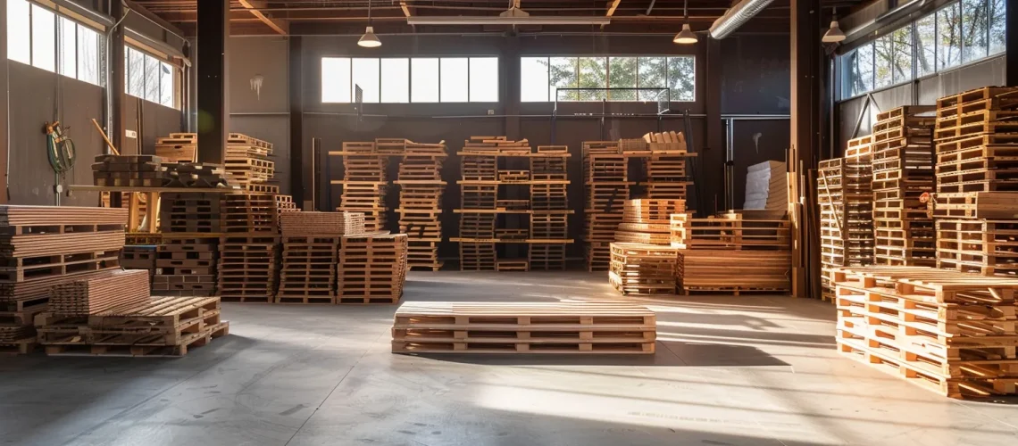 a meticulously arranged display of custom-built wooden pallets in a sunlit warehouse, showcasing their tailored designs and robust durability against a backdrop of industrial shelves and neatly stacked shipping materials.