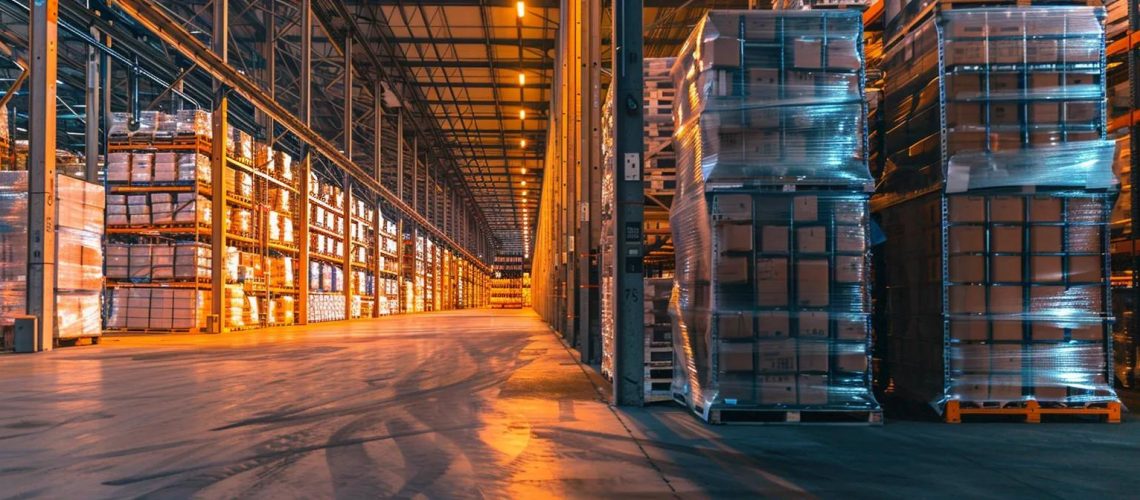 a modern, bustling warehouse in the tampa bay area, with meticulously organized pallets stacked high, conveying a sense of efficiency and optimization in supply chain management.