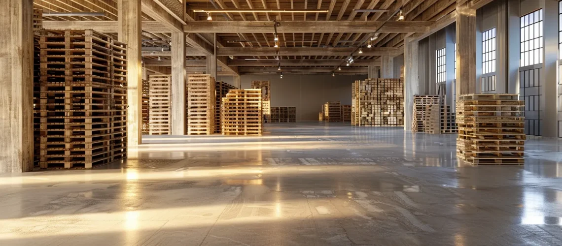 a sleek, modern warehouse interior showcases stacks of sturdy, handcrafted pallets, highlighting the craftsmanship of local manufacturers in a well-organized environment.