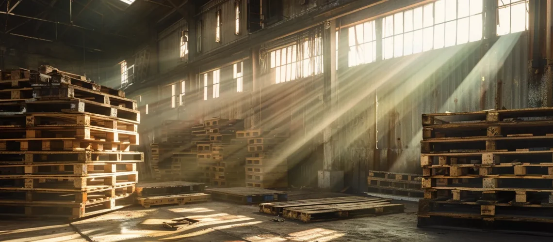 a vibrant, sunlit warehouse showcases a stack of repurposed wooden pallets, symbolizing sustainability and innovation in business practices.