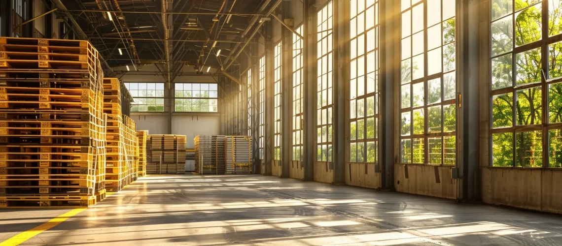 a vivid scene of heat-treated pallets stacked neatly in a bright, spacious warehouse, bathed in soft natural light filtering through large windows, emphasizing their significance for safe international shipping.