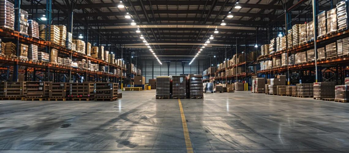 a bustling warehouse interior filled with neatly stacked pallets, highlighted by overhead industrial lighting, showcasing the efficiency and organization that makes w w pallets the preferred choice for logistics operations near lakeland’s major distribution hubs.