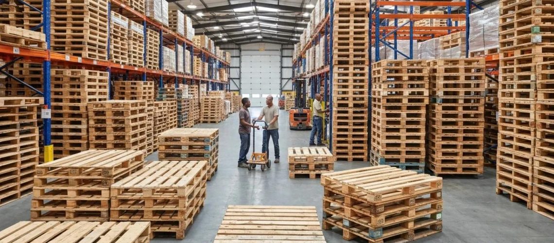 Diverse pallets in a well-organized warehouse, emphasizing pallet supply and logistics